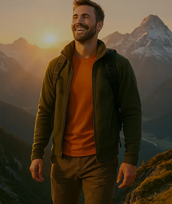 Lachende man op een berghelling bij zonsopgang, met een besneeuwde top achter hem