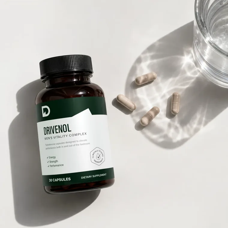 Potje Drivenol op zijn kant, vier beige capsules en een glas water van bovenaf gezien